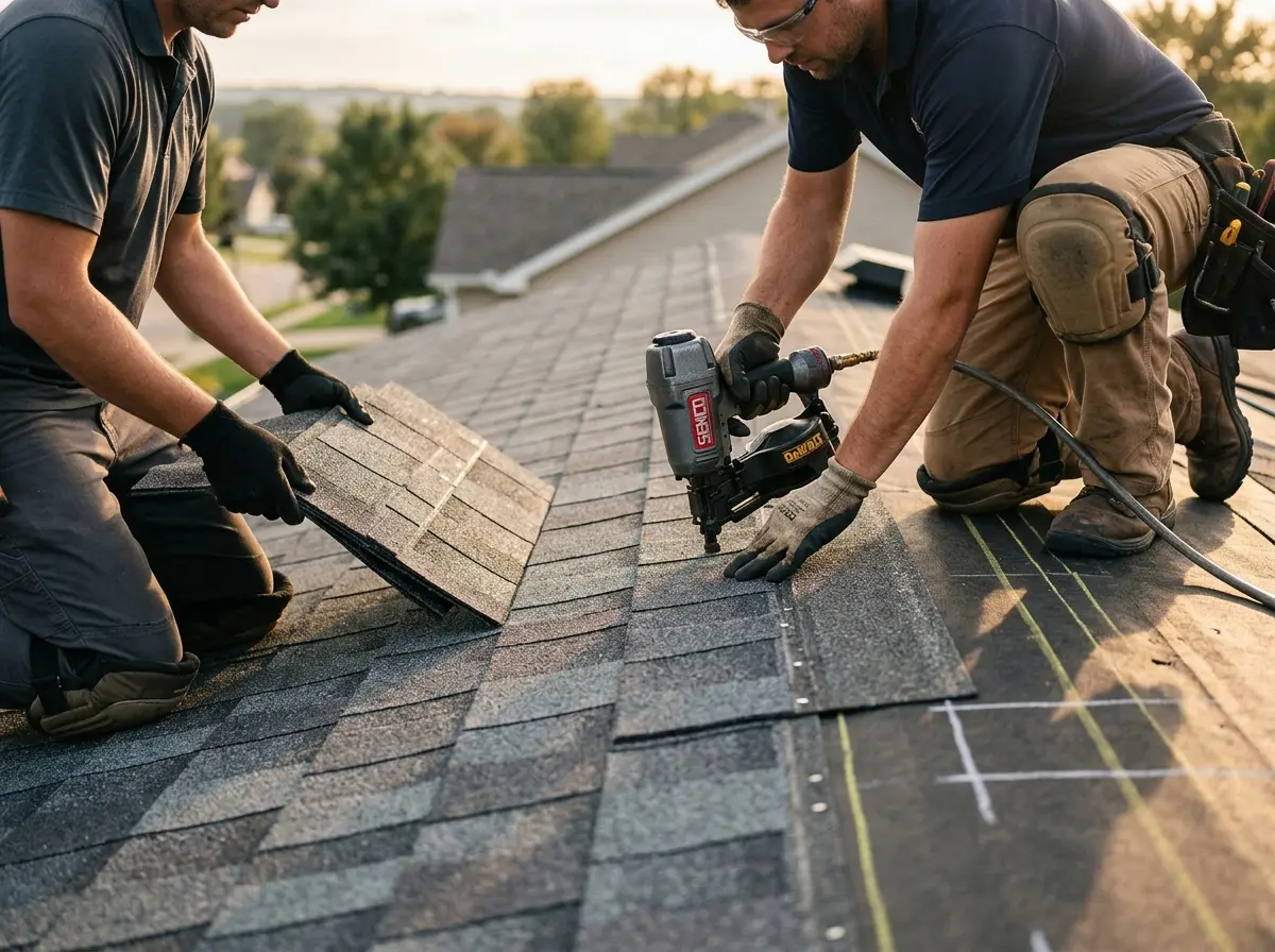 Professional roofer working on a residential roof in Pingree Grove